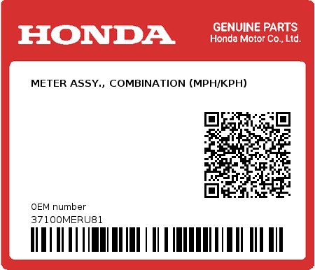 Product image: Honda - 37100MERU81 - METER ASSY., COMBINATION (MPH/KPH)  0