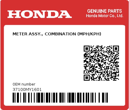 Product image: Honda - 37100MY1601 - METER ASSY., COMBINATION (MPH/KPH)  0