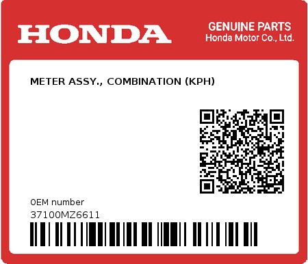 Product image: Honda - 37100MZ6611 - METER ASSY., COMBINATION (KPH)  0