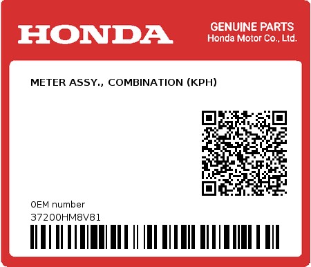 Product image: Honda - 37200HM8V81 - METER ASSY., COMBINATION (KPH)  0