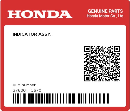 Product image: Honda - 37600HF1670 - INDICATOR ASSY.  0