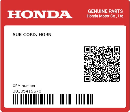 Product image: Honda - 38105419670 - SUB CORD, HORN  0