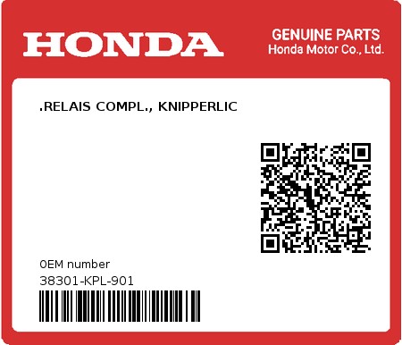 Product image: Honda - 38301-KPL-901 - .RELAIS COMPL., KNIPPERLIC  0