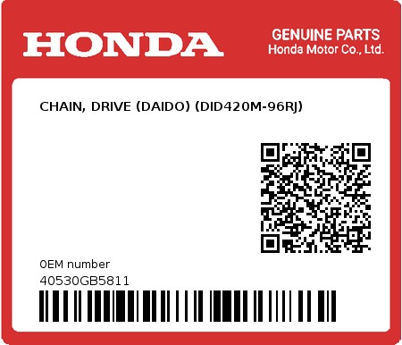 Product image: Honda - 40530GB5811 - CHAIN, DRIVE (DAIDO) (DID420M-96RJ)  0