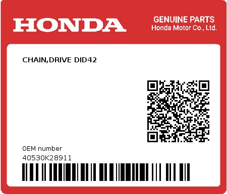 Product image: Honda - 40530K28911 - CHAIN,DRIVE DID42  0