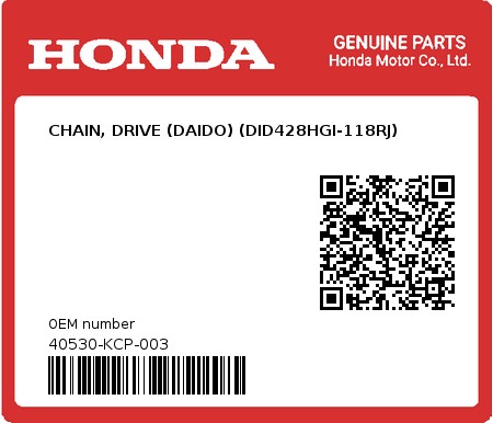Product image: Honda - 40530-KCP-003 - CHAIN, DRIVE (DAIDO) (DID428HGI-118RJ)  0