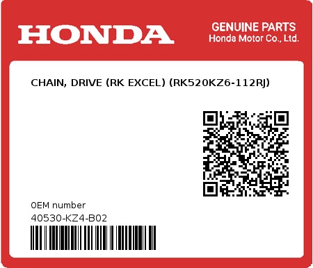 Product image: Honda - 40530-KZ4-B02 - CHAIN, DRIVE (RK EXCEL) (RK520KZ6-112RJ)  0