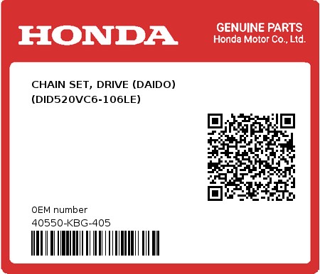 Product image: Honda - 40550-KBG-405 - CHAIN SET, DRIVE (DAIDO) (DID520VC6-106LE)  0