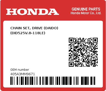 Product image: Honda - 405A3MM9671 - CHAIN SET, DRIVE (DAIDO) (DID525V.8-118LE)  0