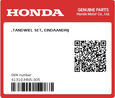 Product image: Honda - 41310-MN5-305 - .TANDWIEL SET, EINDAANDRIJ  0