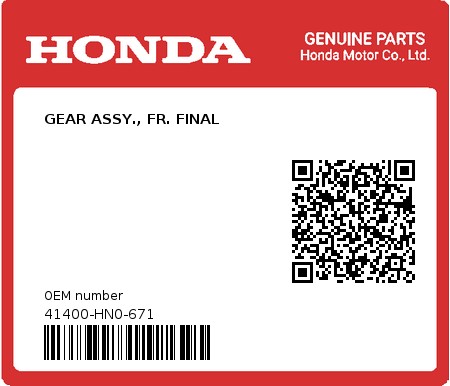 Product image: Honda - 41400-HN0-671 - GEAR ASSY., FR. FINAL  0