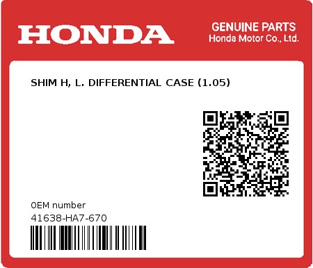 Product image: Honda - 41638-HA7-670 - SHIM H, L. DIFFERENTIAL CASE (1.05)  0