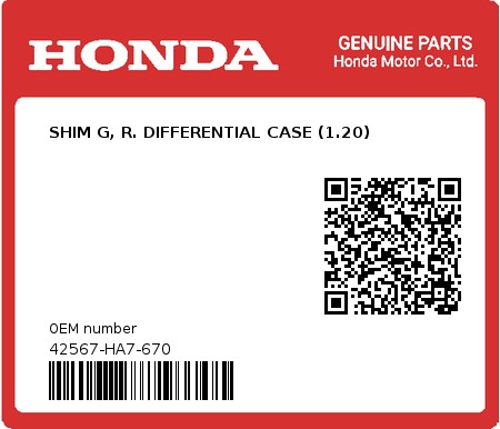 Product image: Honda - 42567-HA7-670 - SHIM G, R. DIFFERENTIAL CASE (1.20)  0