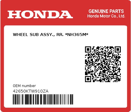 Product image: Honda - 42650KTW910ZA - WHEEL SUB ASSY., RR. *NH365M*  0