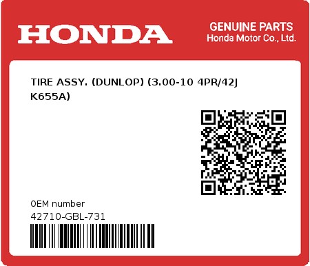 Product image: Honda - 42710-GBL-731 - TIRE ASSY. (DUNLOP) (3.00-10 4PR/42J K655A)  0