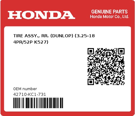 Product image: Honda - 42710-KC1-731 - TIRE ASSY., RR. (DUNLOP) (3.25-18 4PR/52P K527)  0