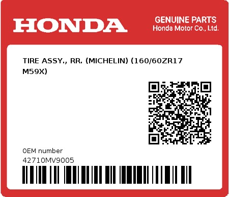 Product image: Honda - 42710MV9005 - TIRE ASSY., RR. (MICHELIN) (160/60ZR17 M59X)  0