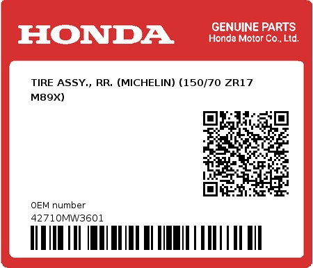 Product image: Honda - 42710MW3601 - TIRE ASSY., RR. (MICHELIN) (150/70 ZR17 M89X)  0