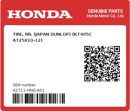 Product image: Honda - 42711-HN0-A01 - TIRE, RR. (JAPAN DUNLOP) (KT405C AT25X10-12)  0