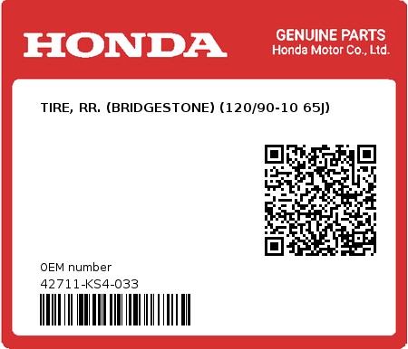 Product image: Honda - 42711-KS4-033 - TIRE, RR. (BRIDGESTONE) (120/90-10 65J)  0