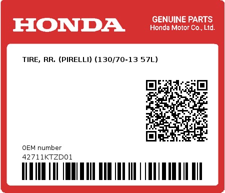 Product image: Honda - 42711KTZD01 - TIRE, RR. (PIRELLI) (130/70-13 57L)  0