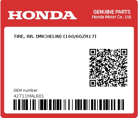 Product image: Honda - 42711MAL601 - TIRE, RR. (MICHELIN) (160/60ZR17)  0