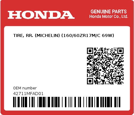 Product image: Honda - 42711MFAD01 - TIRE, RR. (MICHELIN) (160/60ZR17M/C 69W)  0