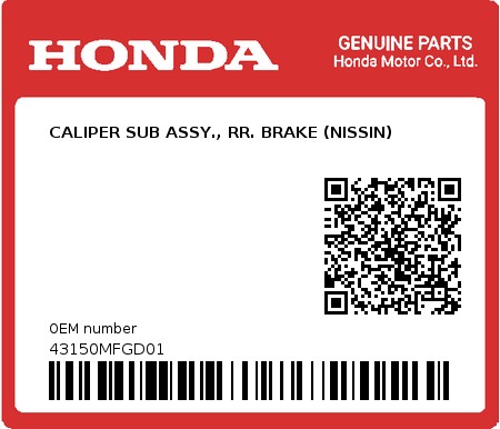 Product image: Honda - 43150MFGD01 - CALIPER SUB ASSY., RR. BRAKE (NISSIN)  0