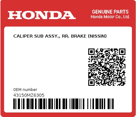 Product image: Honda - 43150MZ6305 - CALIPER SUB ASSY., RR. BRAKE (NISSIN)  0
