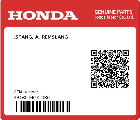 Product image: Honda - 43160-MGS-D80 - .STANG, A. REMSLANG  0