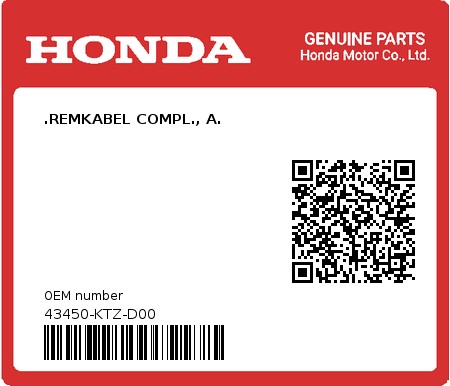 Product image: Honda - 43450-KTZ-D00 - .REMKABEL COMPL., A.  0