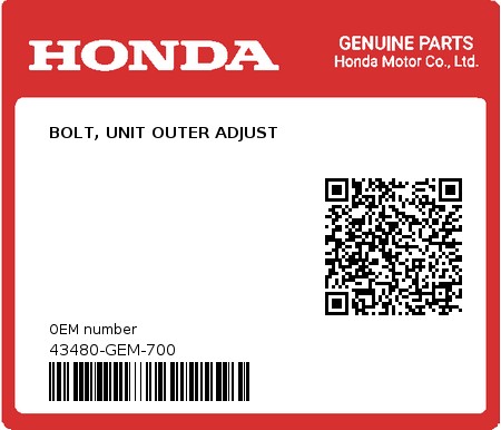 Product image: Honda - 43480-GEM-700 - BOLT, UNIT OUTER ADJUST  0