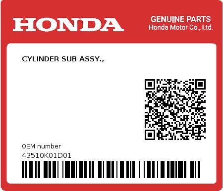 Product image: Honda - 43510K01D01 - CYLINDER SUB ASSY.,  0