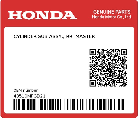 Product image: Honda - 43510MFGD21 - CYLINDER SUB ASSY., RR. MASTER  0