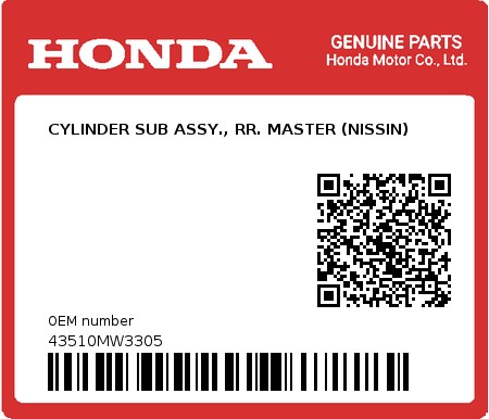 Product image: Honda - 43510MW3305 - CYLINDER SUB ASSY., RR. MASTER (NISSIN)  0