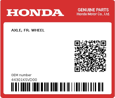Product image: Honda - 44301KSVD00 - AXLE, FR. WHEEL  0