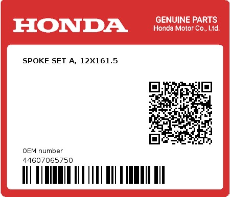 Product image: Honda - 44607065750 - SPOKE SET A, 12X161.5  0