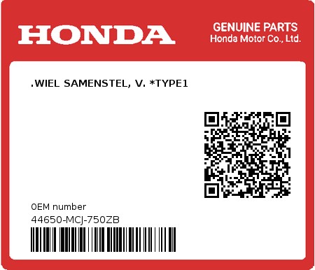 Product image: Honda - 44650-MCJ-750ZB - .WIEL SAMENSTEL, V. *TYPE1  0