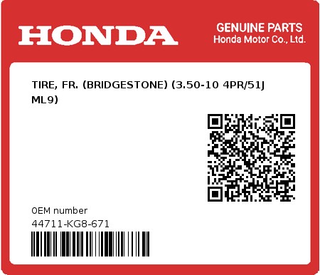 Product image: Honda - 44711-KG8-671 - TIRE, FR. (BRIDGESTONE) (3.50-10 4PR/51J ML9)  0