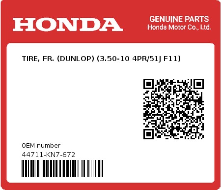 Product image: Honda - 44711-KN7-672 - TIRE, FR. (DUNLOP) (3.50-10 4PR/51J F11)  0