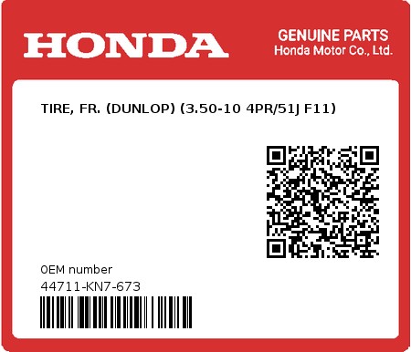 Product image: Honda - 44711-KN7-673 - TIRE, FR. (DUNLOP) (3.50-10 4PR/51J F11)  0