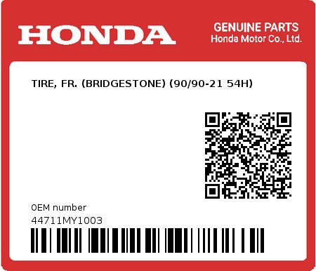 Product image: Honda - 44711MY1003 - TIRE, FR. (BRIDGESTONE) (90/90-21 54H)  0