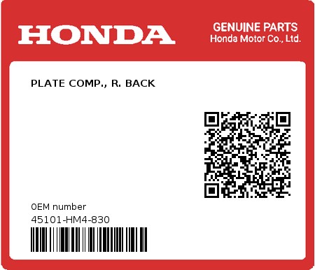 Product image: Honda - 45101-HM4-830 - PLATE COMP., R. BACK  0