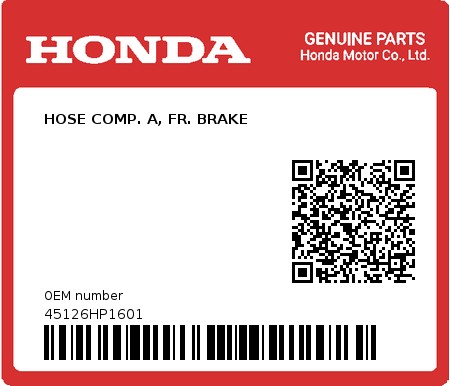 Product image: Honda - 45126HP1601 - HOSE COMP. A, FR. BRAKE  0