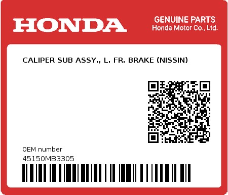 Product image: Honda - 45150MB3305 - CALIPER SUB ASSY., L. FR. BRAKE (NISSIN)  0