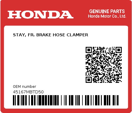 Product image: Honda - 45167MBTD50 - STAY, FR. BRAKE HOSE CLAMPER  0