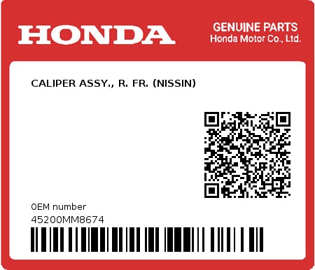 Product image: Honda - 45200MM8674 - CALIPER ASSY., R. FR. (NISSIN)  0