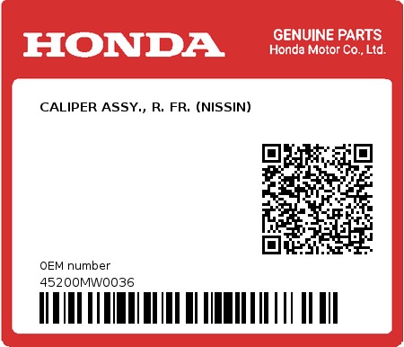 Product image: Honda - 45200MW0036 - CALIPER ASSY., R. FR. (NISSIN)  0