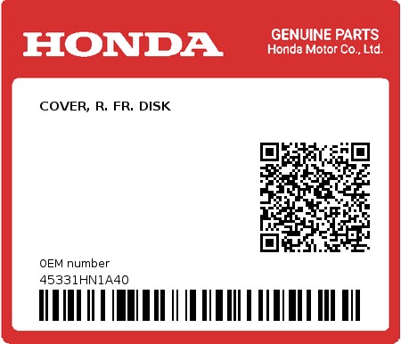 Product image: Honda - 45331HN1A40 - COVER, R. FR. DISK  0