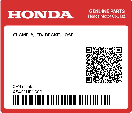Product image: Honda - 45461HP1600 - CLAMP A, FR. BRAKE HOSE  0